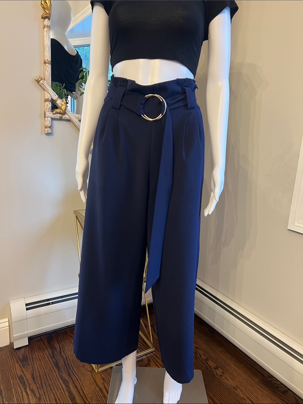Aqua Navy Wide-Leg High-Rise Paper Bag  Pants with Gold Ring Belt